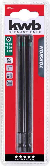 Eine Packung mit drei schwarzen Torsion-Bits der Marke KWB. Größen TT 25, TT 30, TT 40. Verpackung ist rot mit Logo.