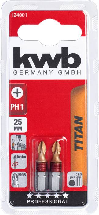 Kwb Titan PH1 Schraubbits, 25 mm, 2 Stück in Verpackung; geeignet für professionelle Anwendung.