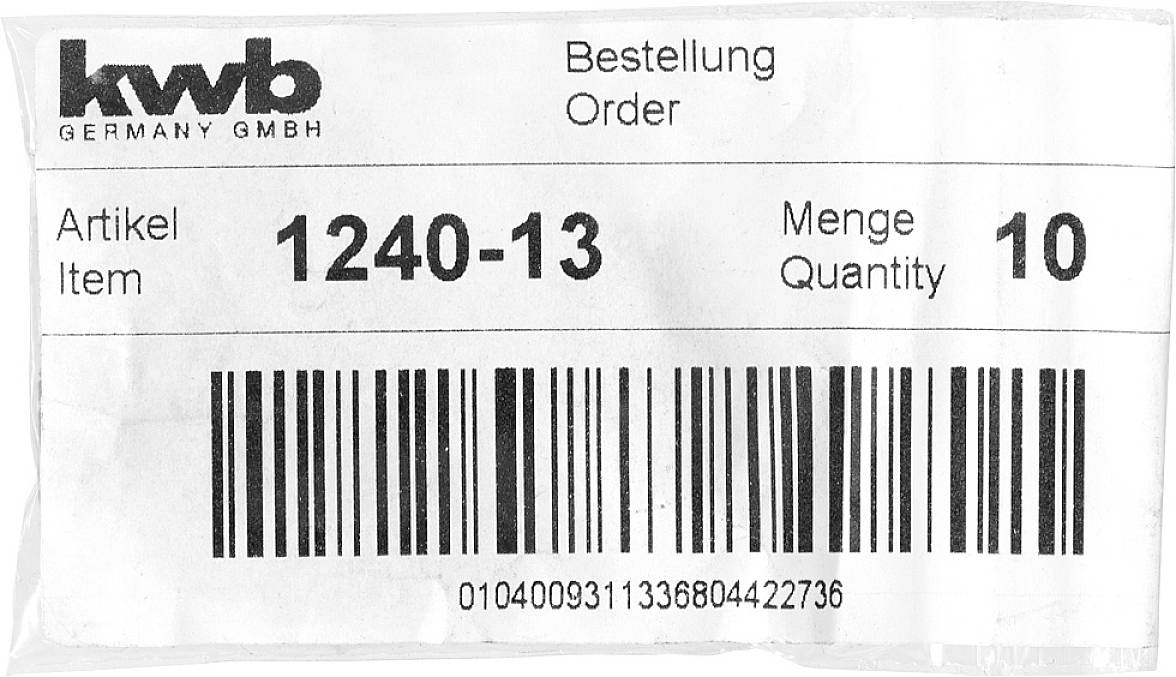 Etikett mit 'Bestellung', Artikelnummer '1240-13', Menge '10', Strichcode und Unternehmenslogo.
