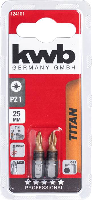 Verpackung mit zwei Schraubendreher-Bits, PZ1-Typ, 25 mm Länge, TITAN-Beschichtung, Marke 'kwb'.