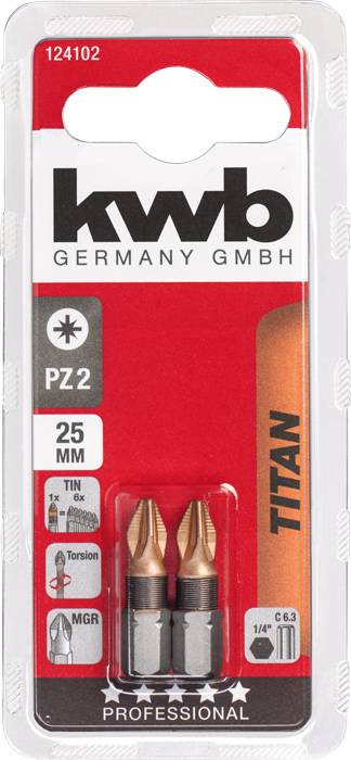 'Kwb Germany GmbH' Bit-Set, enthält zwei PZ2 25 mm Bits, titaniert, für Profi-Einsatz. Verpackung in Rot und Grau gehalten.