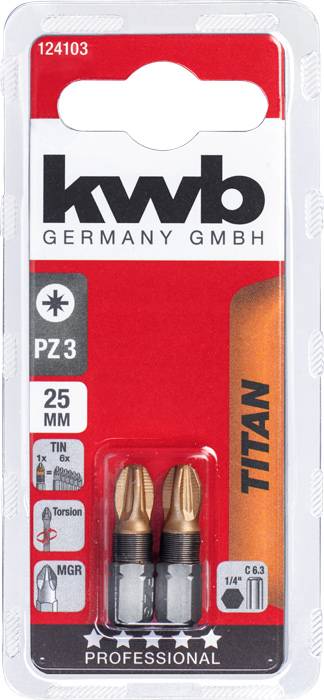 Verpackung von Schrauberbits, Marke KWB, PZ3, 25mm Länge. Enthält zwei Bits. Aufschrift 'Titan' und 'Professional'.