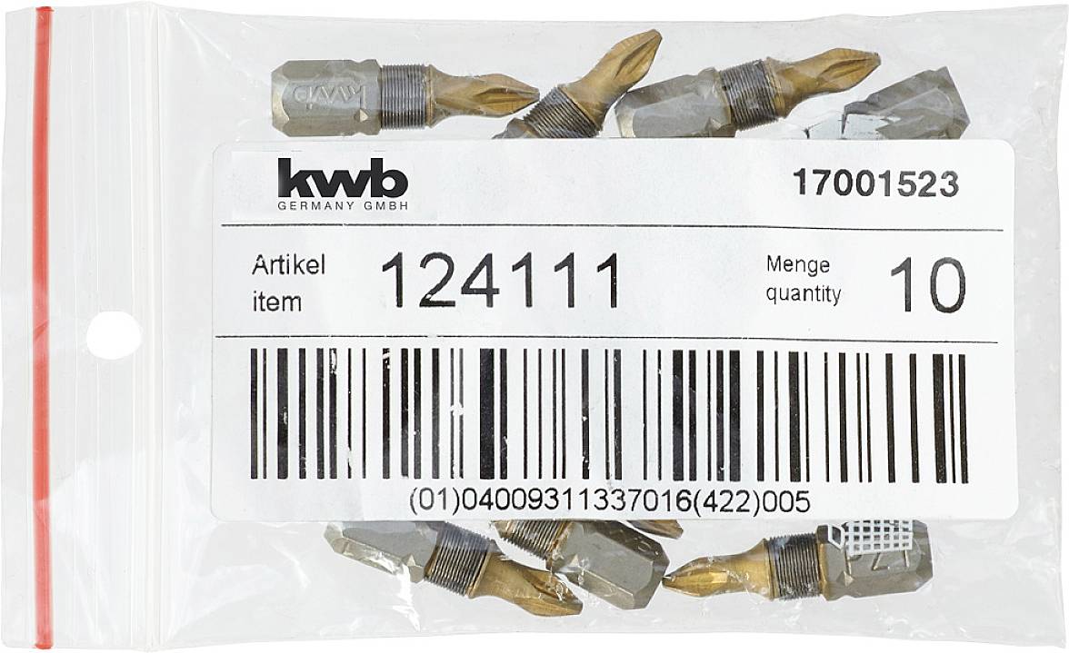 Plastiktüte mit verschiedenen Bohrern. Etikett zeigt 'kwb Germany GmbH', Artikelnummer '124111' und Menge '10'. Barcodes sichtbar.