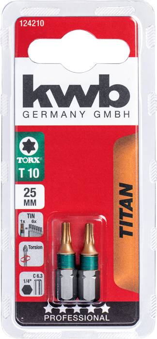 Zwei Torx-Schraubendrehereinsätze T10, 25 mm von KWB Germany. Verpackung ist rot mit Markennamen, geeignet für professionelle Nutzung.