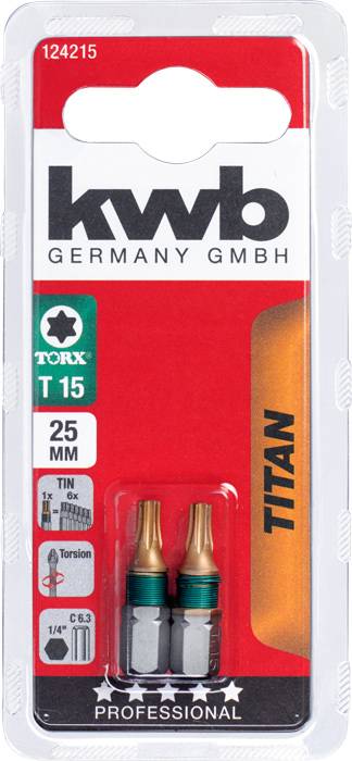 Verpackung mit zwei Bits für Torx-Schrauben, Größe T15, 25 mm lang, Marke kwb Germany. 'Titan' und 'Professional' setzen Qualitätsschwerpunkte.