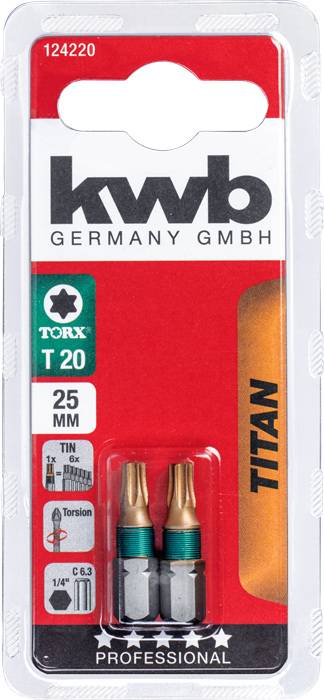 Verpackung mit zwei Titan-Torx-Bits der Größe T20, 25 mm lang, von der Marke KWB. Geeignet für professionelle Anwendungen.