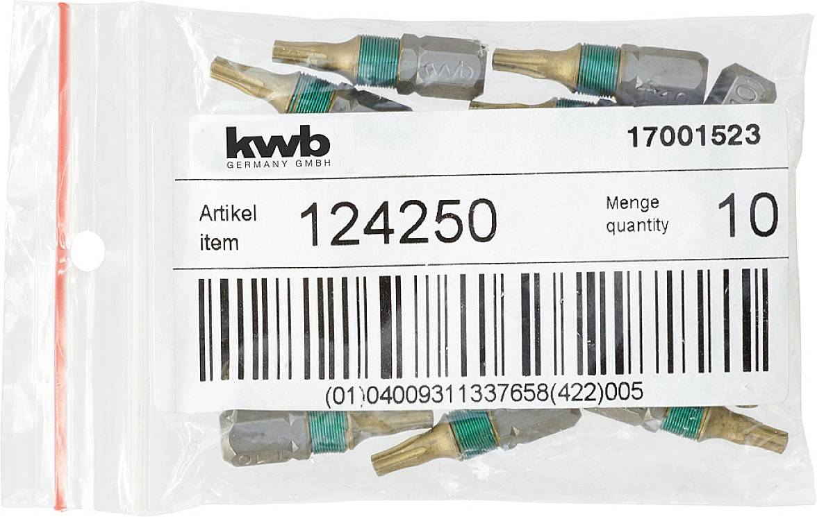 Eine Plastiktüte mit Schraubendreher-Bits der Marke kwb, Artikelnummer 124250, enthält 10 Stück.