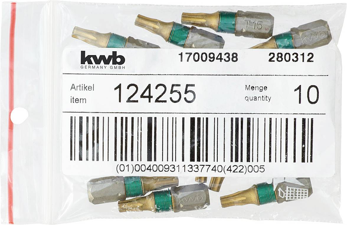 Tüte mit 10 Flachsteckhülsen von kwb, Artikelnummer 124255, Mengenangabe: 10 Stück, inklusive Barcode und Produktinformationen.