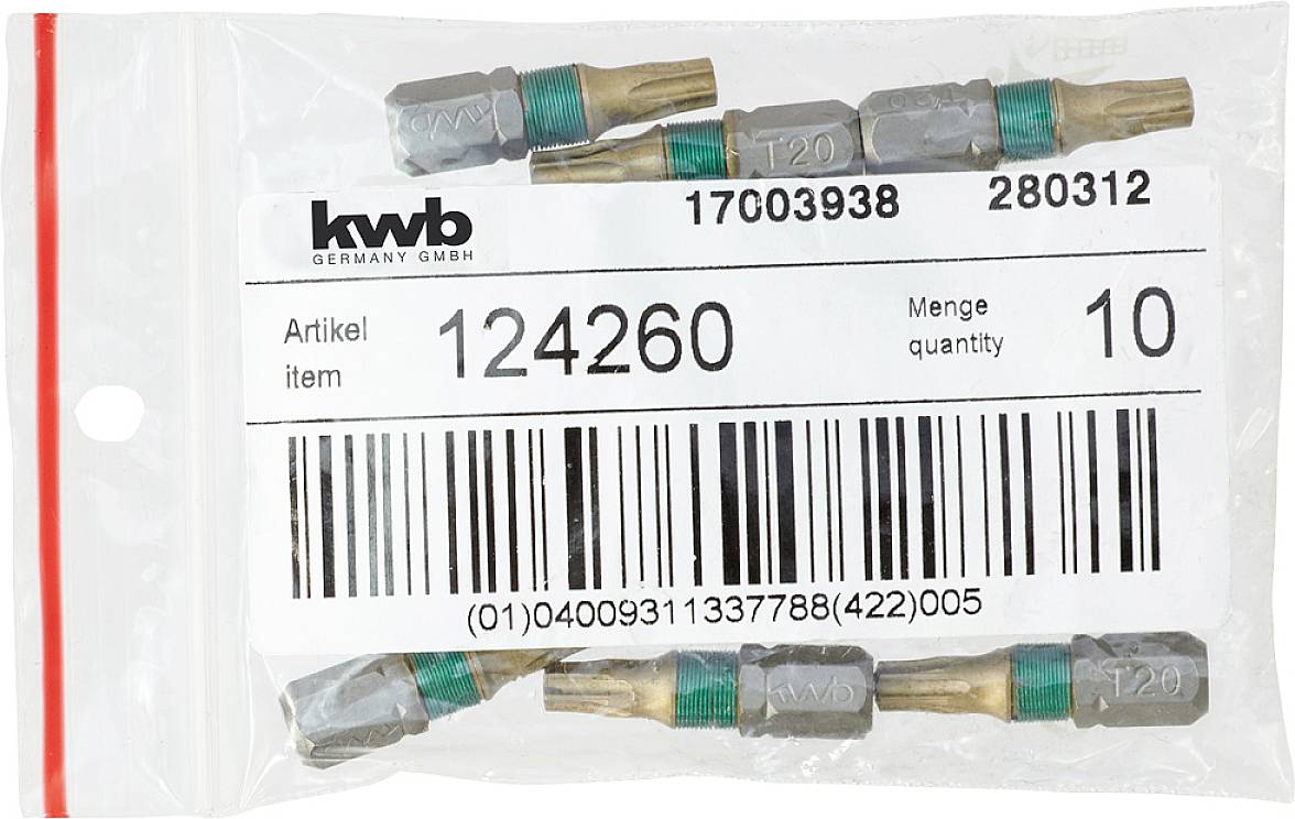 Das Bild zeigt eine durchsichtige Plastiktüte mit einem Barcode und Text '124260', die Torx-Schraubendreherbits enthält.