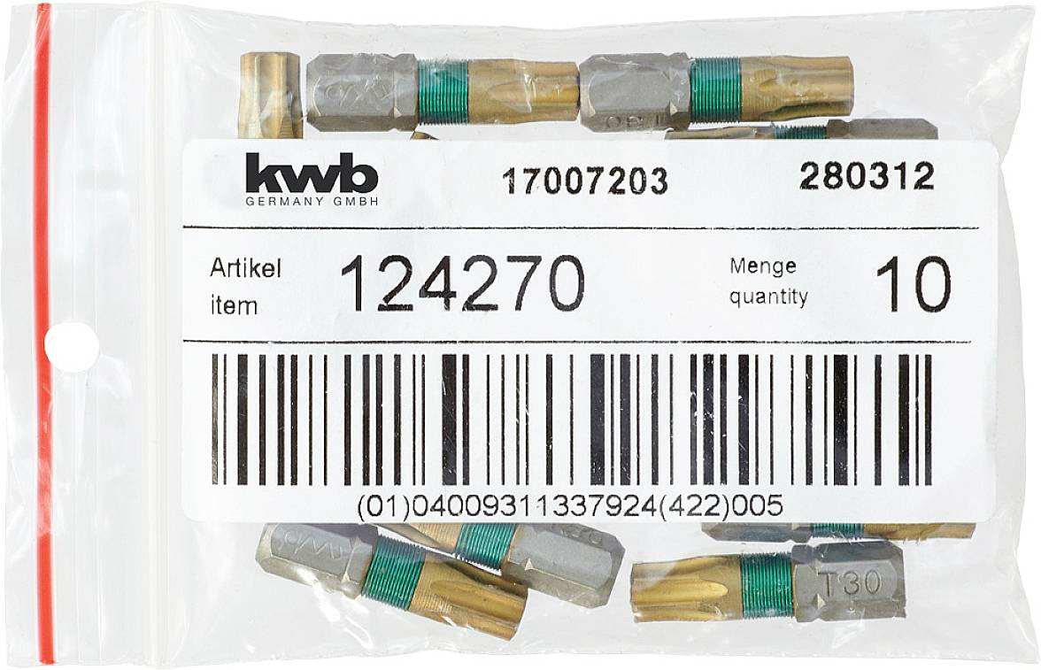 'Kwb Germany GmbH' Adapter-Set mit Artikelnummer '124270', Menge '10', in einer transparenten Plastikverpackung mit Barcode.