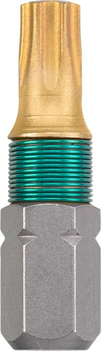 Ein Torx-Schraubaufsatz aus silbernem Metall mit grünem und goldfarbenem Bereich. Geeignet für Schraubendreher und Maschinen.