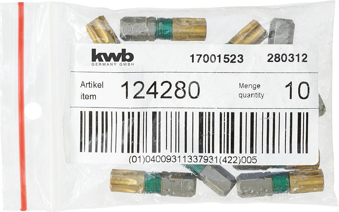 Plastiktüte mit mehreren identischen Metallstücken, Etikett zeigt 'kwb GERMANY GMBH', Artikelnummer '124280', Menge '10'.