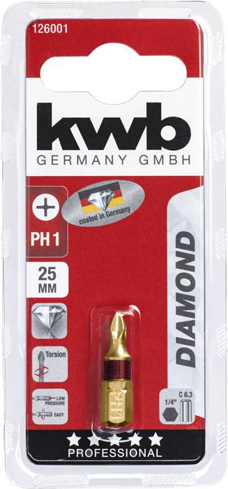 Verpackung eines PH1 Diamant-Bits von kwb Germany GmbH, 25 mm, beschichtet in Deutschland, mit Torsionsschutz und Verschleißanzeiger.