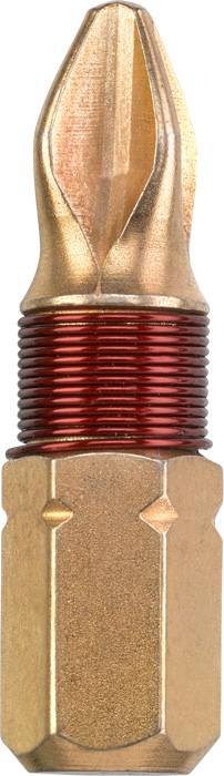Ein goldenes Schraubendreher-Bit mit einem rot-metallic Überzug an der Spitze, geeignet für Kreuzschlitzschrauben, Nahaufnahme.