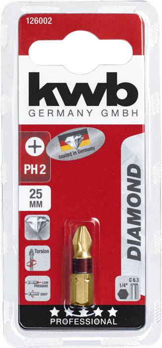 'KWB Germany GmbH' Schraubendreher-Bit PH2, 25 mm, diamantbeschichtet. Verpackung zeigt Produktinformationen und Herstellerlogo.
