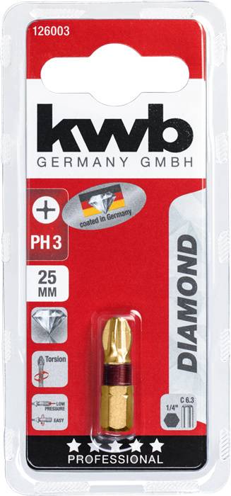 Kwb Germany GmbH PH3 Schraubendrehereinsatz, 25 mm, diamantbeschichtet, Torsionszone. Für professionelle Anwendungen geeignet.
