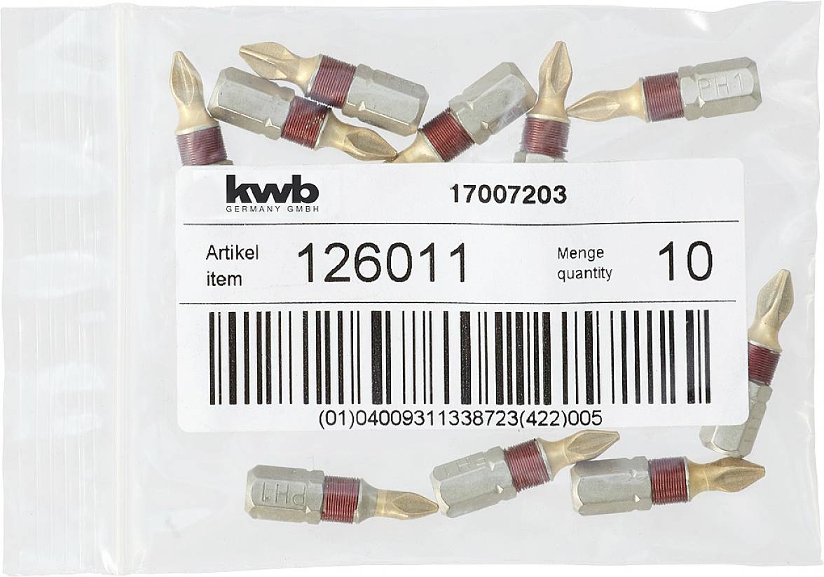Plastiktüte mit elf goldenen, sechskantigem Bits, mit roten Ringen, etikettiert mit 'Artikel 126011, Menge 10', Barcode darunter.