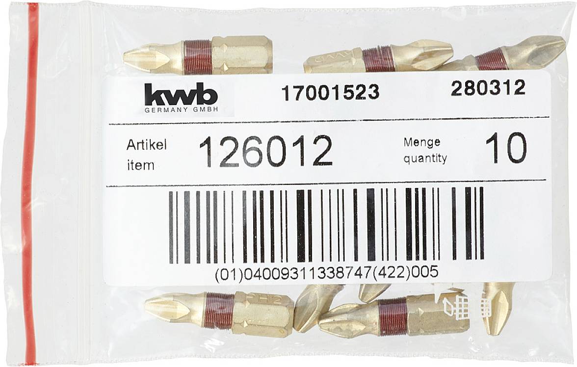 Kleiner, durchsichtiger Beutel mit mehreren goldfarbenen Schraubendreherbits und einem Etikett mit Barcode und Artikelnummer '126012'.