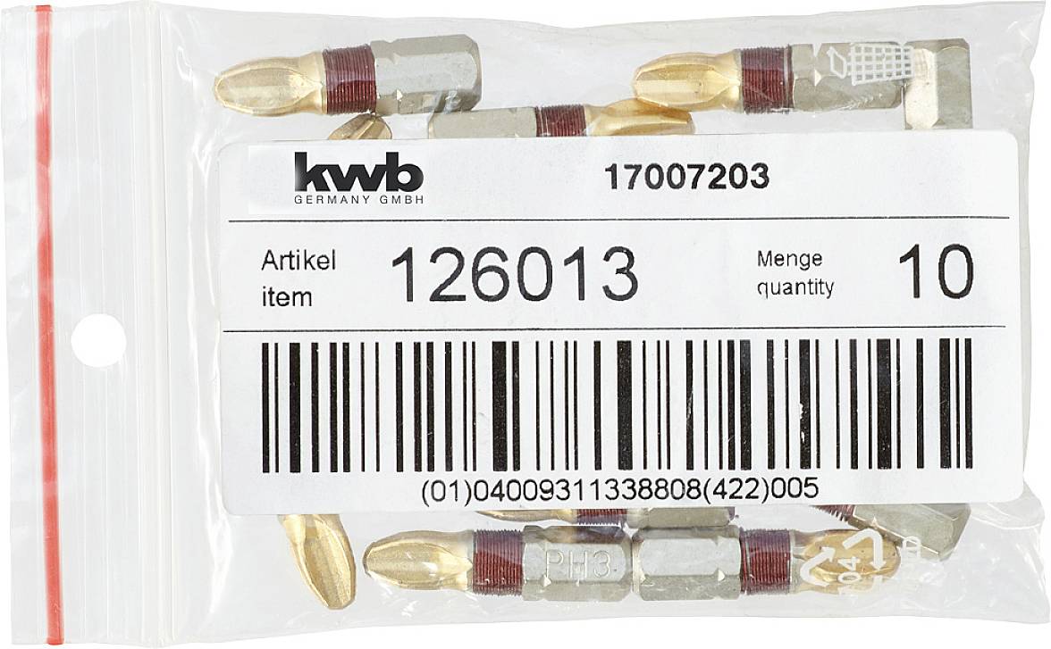 Ein Plastikbeutel mit kompakten Schraubendreherbits der Marke 'kwb', Artikelnummer 126013, Menge 10, und Barcode auf dem Etikett.
