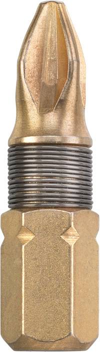Nahaufnahme eines bronzefarbenen Schraubbit mit Kreuzschlitzkopf und geriffeltem Schaft, ideal für präzises Schrauben.