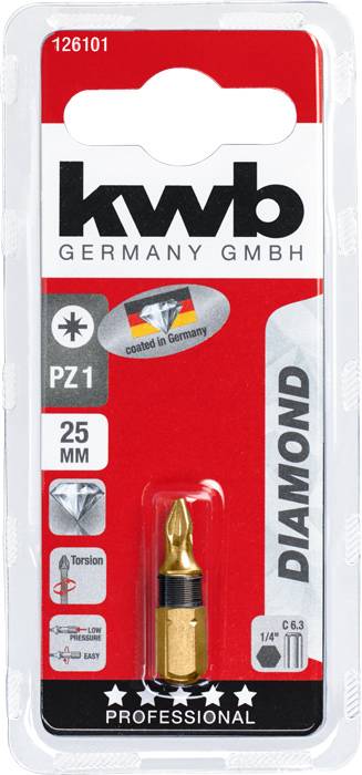Verpackung eines Diamond PZ1 Bits, 25 mm, von kwb Germany GmbH. Hergestellt in Deutschland. Geeignet für professionellen Einsatz.