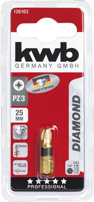 Verpackung eines 25 mm PZ3 Diamant-Schrauberbits der Marke 'kwb Germany GmbH', geeignet für professionelle Anwendungen.