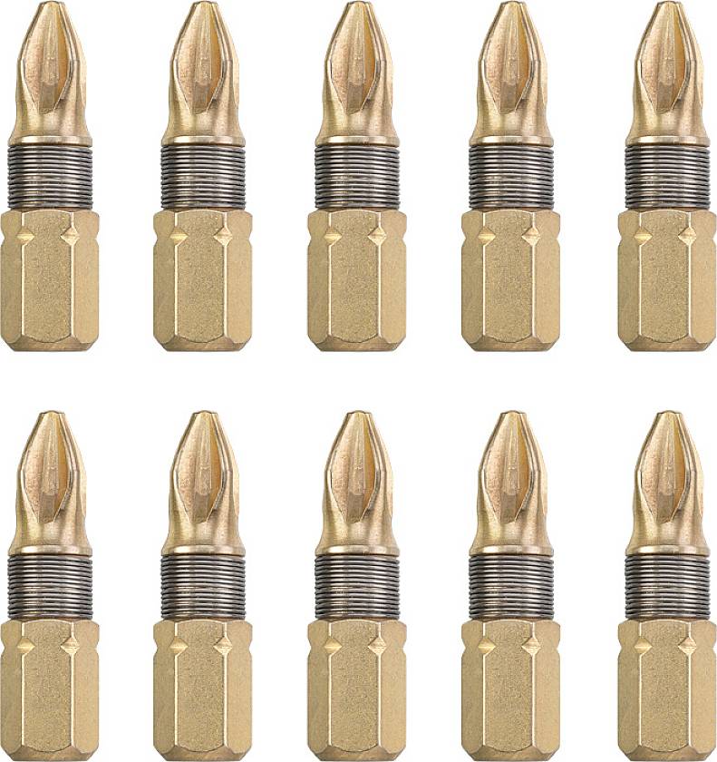 Zehn goldene Schraubendreher-Bits in zwei Reihen angeordnet, mit geriffeltem, schwarzem Bereich in der Mitte.