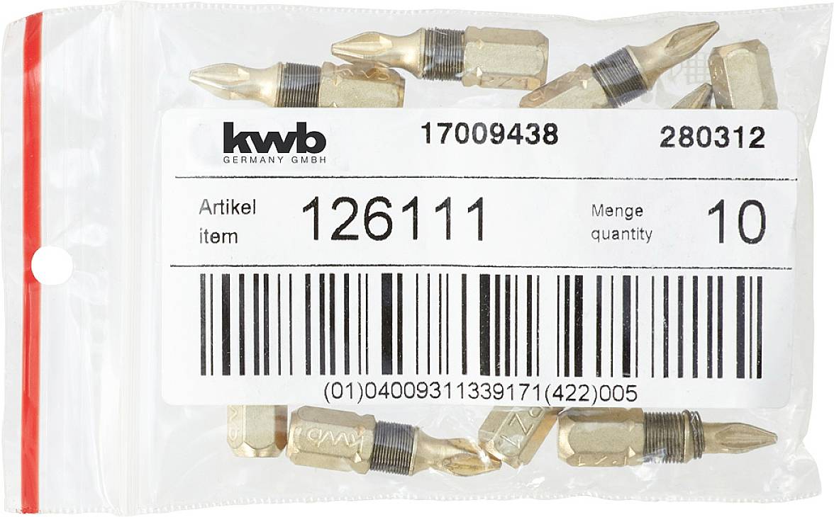 Verpackung mit Schraubendreher-Bits, Artikelnummer 126111, Menge 10, Kwb Germany GmbH, Barcode sichtbar.
