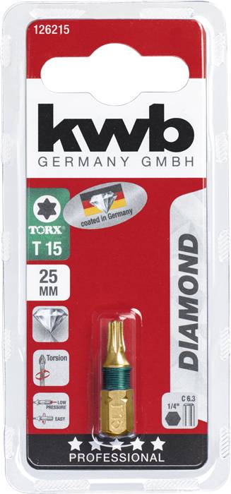 'Kwb Germany GmbH' Torx Bit T15, 25 mm, verpackt, mit 'Made in Germany'-Flagge. 'Professional' Serie, zeigt Torsion und Diamantbeschichtung.