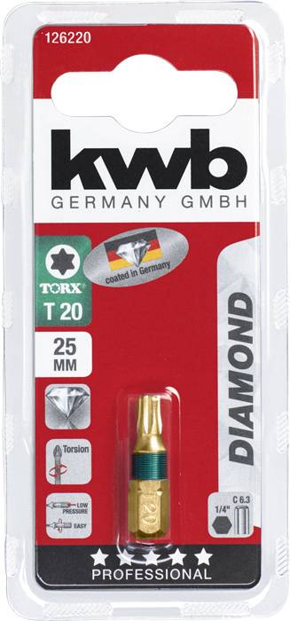 Torx-Bit T20, 25 mm lang, 'kwb Germany GmbH' Branding, geeignet für Professional-Einsatz. Verpackung zeigt 'coated in Germany' und Diamantbeschichtung.