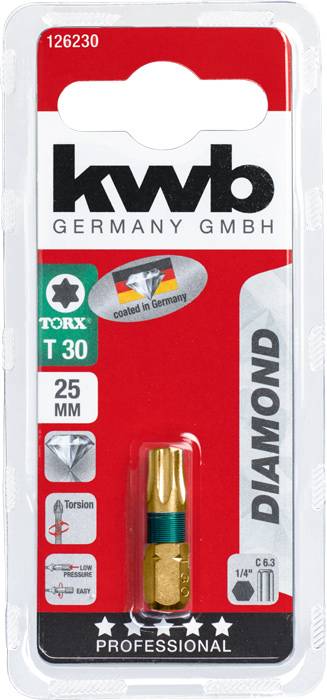 Kwb Germany GmbH Torx-Bit T30, 25 mm, diamantbeschichtet, torsionsgeeignet, in Blisterverpackung mit Deutschlandfahne-Aufdruck.