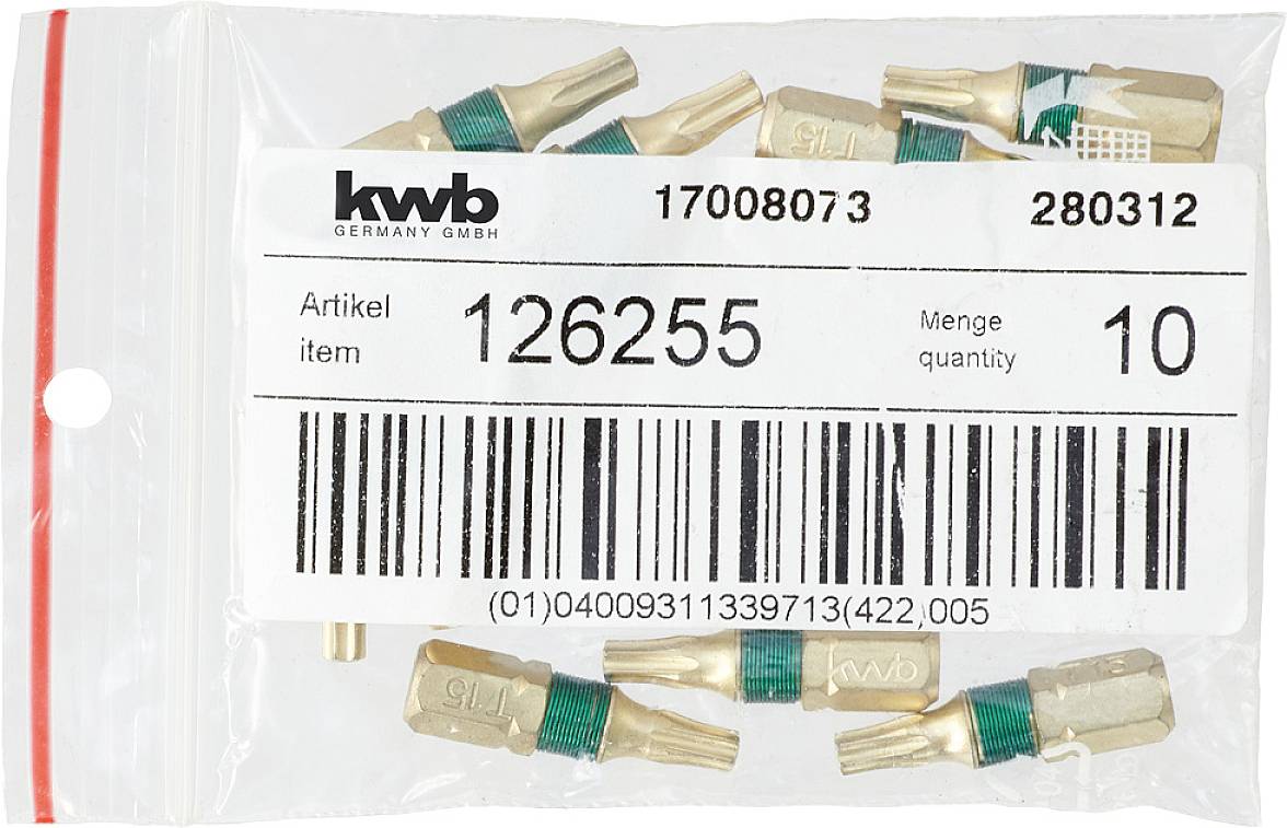 Eine Tüte mit grünen und goldenen Bithaltern, mit Etikett: 'Artikel 126255', 'Menge 10' und Barcode darunter.