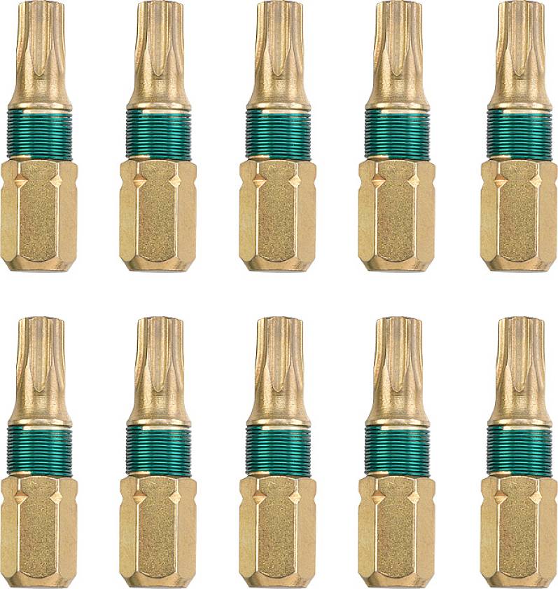 Zehn goldene Schraubendreher-Bits mit grünen Einsätzen in zwei Reihen.