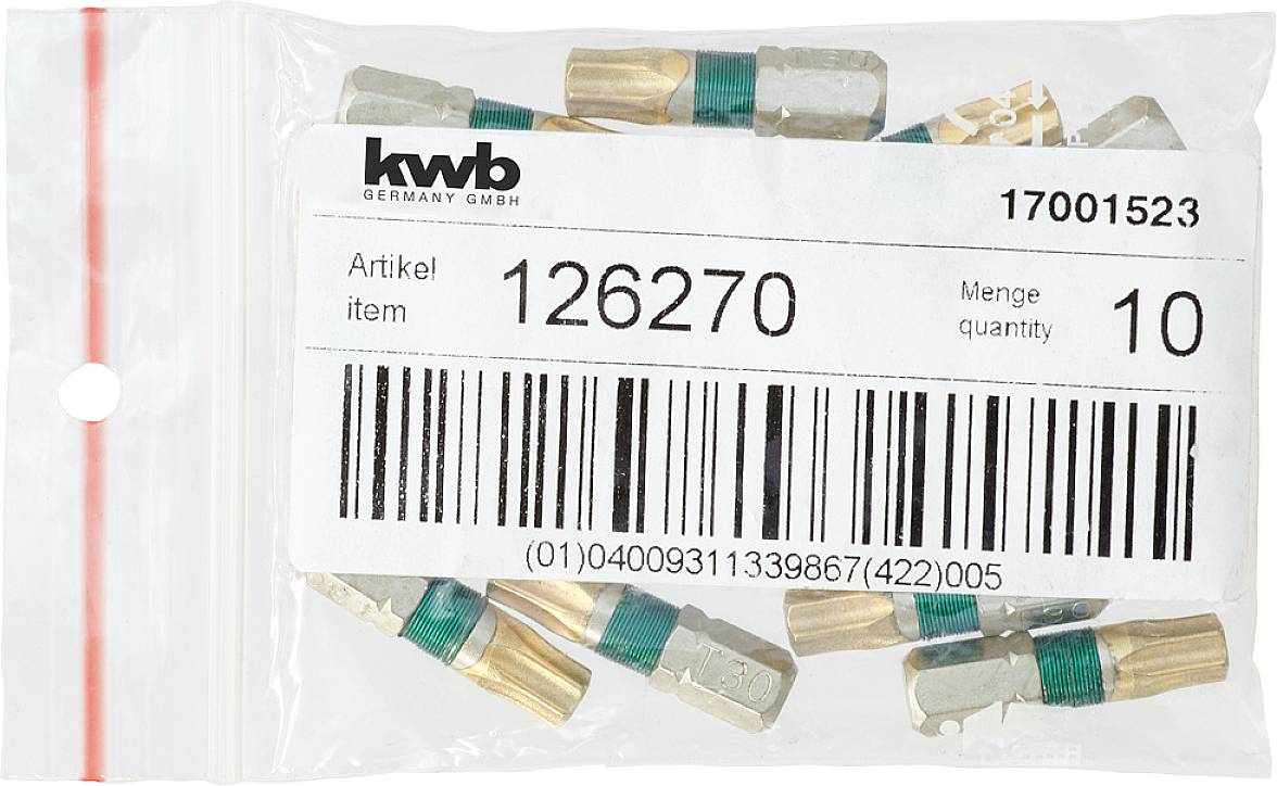 Verpackung mit Bits, Artikelnummer 126270, Menge 10, Hersteller'kwb GERMANY GMBH', Barcode und Seriennummer sichtbar.