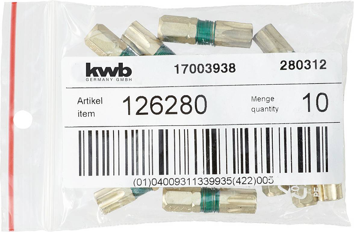 Plastiktüte mit Barcode, enthaltend mehrere Metallverbindungsstücke. Etikett: 'kwb Germany GmbH, Artikel 126280, Menge 10'.