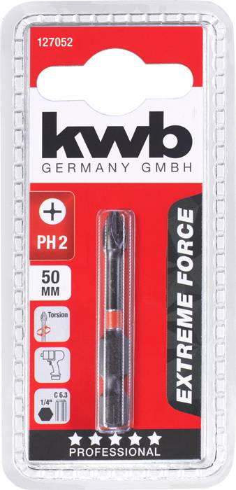 'kwb Germany GmbH' Schraubendrehereinsatz 'PH2' 50 mm, Extreme Force Serie, für erhöhtes Drehmoment, in Blisterverpackung.