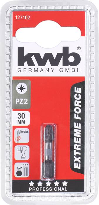 'kwb GERMANY GMBH' Schraubbit-Verpackung, PZ2, 30 mm, 'EXTREME FORCE'. Symbol für Torsion, 1/4'' Sechskant, PROFESSIONAL, 5-Sterne-Bewertung.