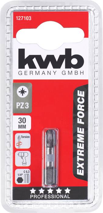 Ein Schraubendrehereinsatz von KWB für PZ3-Schrauben, 30 mm Länge. Verpackung hervorgehoben: 'Extreme Force' und 'Professional'.