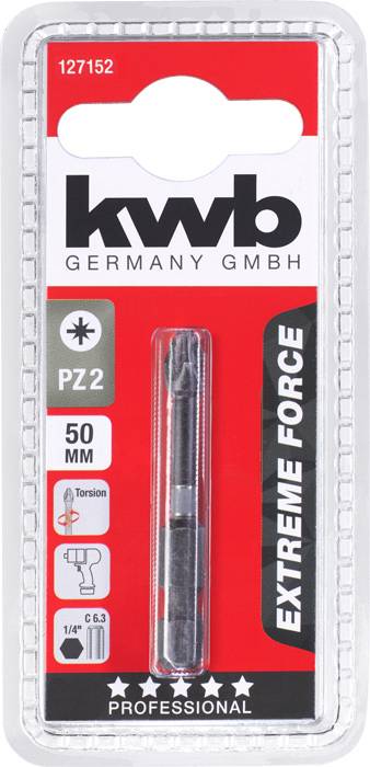 Verpackung mit einem Schraubendreher-Bit von 'kwb Germany GmbH', Größe PZ2, 50 mm Länge, Beschriftung 'Extreme Force', Profiqualität.