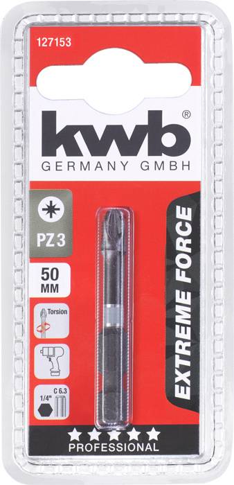 Verpackte Bohrschrauberbit von 'kwb Germany GmbH', PZ3, 50 mm, für professionelle Nutzung, 'Extreme Force', gedrehtes Design.