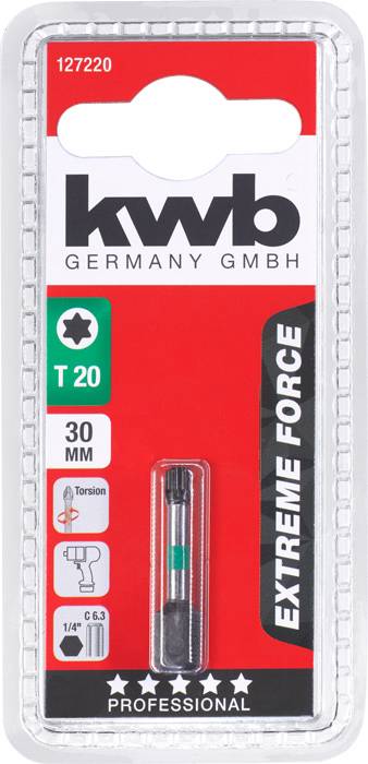 Verpackung für einen T20 Schraubendreherbit, 30 mm, Marke KWB, mit Piktogrammen zur Kennzeichnung von Drehmoment und Werkzeugtyp.