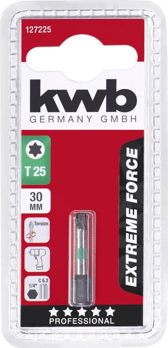 Schrauberbit-Verpackung von 'kwb', Typ T25, Länge 30 mm, für Torx-Schrauben. Enthält Angaben: Torsion, 1/4