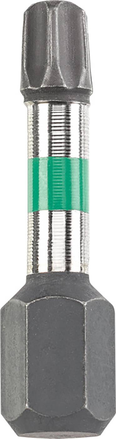 Bit für Schraubendreher; zylindrische Form mit einem grünen Streifen zur Kennzeichnung; Metall mit sechseckiger Basis.
