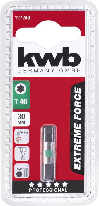 Kwb T40 Bit, 30 mm, für Schraubendreher, in Blisterverpackung. Markierungen für Torsion und 1/4 Zoll, geeignet für professionelle Anwendungen.