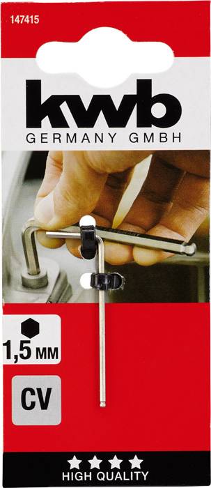 'KWB Germany GmbH' Inbusschlüssel, 1,5 mm Größe. Verpackung mit Abbildung eines Inbusschlüssels und einer Hand. Qualitätsbewertung: drei Sterne.