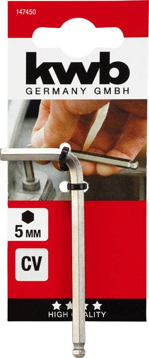 In der Verpackung ein sechskantiger Inbusschlüssel von 'kwb Germany GmbH', 5 mm, geeignet für Sechskantschrauben, hohe Qualität.