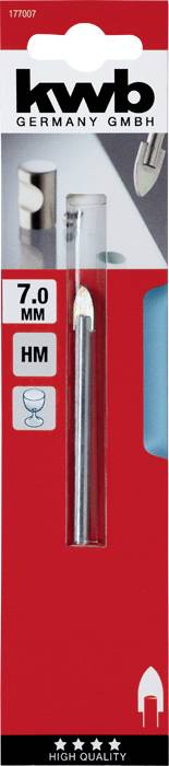 Verpackung eines 7,0 mm HM Bohrers von KWB Germany GmbH, geeignet für Fliesen. Produkt sichtbar durch transparenten Teil der Verpackung.