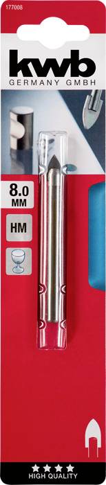 'Kwb Germany GmbH' Markenverpackung eines 8,0 mm HM-Bohrers, geeignet für Glasbearbeitung. Die Verpackung ist rot mit Bildern des Bohrers.