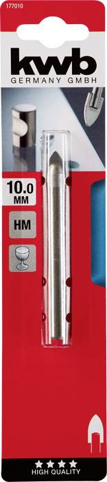 Bohrer von 'kwb GERMANY GMBH', 10,0 mm, für harte Materialien. Verpackung in Rot mit Produktabbildung und Symbolen für Anwendungen.