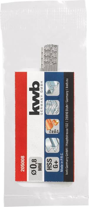 Packung mit 0,8 mm HSS-G Metallbohrern von KWB, geeignet für Metallbearbeitung. Produktdetails auf rotem und weißem Etikett.